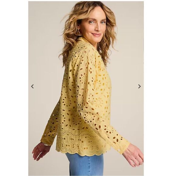 J. Jill Eyelet Button Up Shirt Blouse Top Size XS Yellow Long Sleeve - Picture 2 of 10